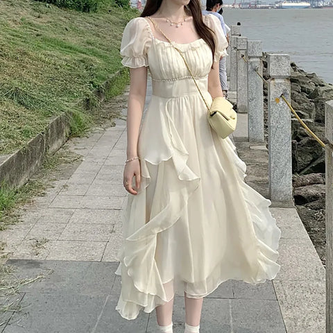 Women's Summer Dress Chiffon Fairy Solid Chic Party Midi Dress 2023 New Korean White Elegant High Waist Slim Long Skirt Y2k