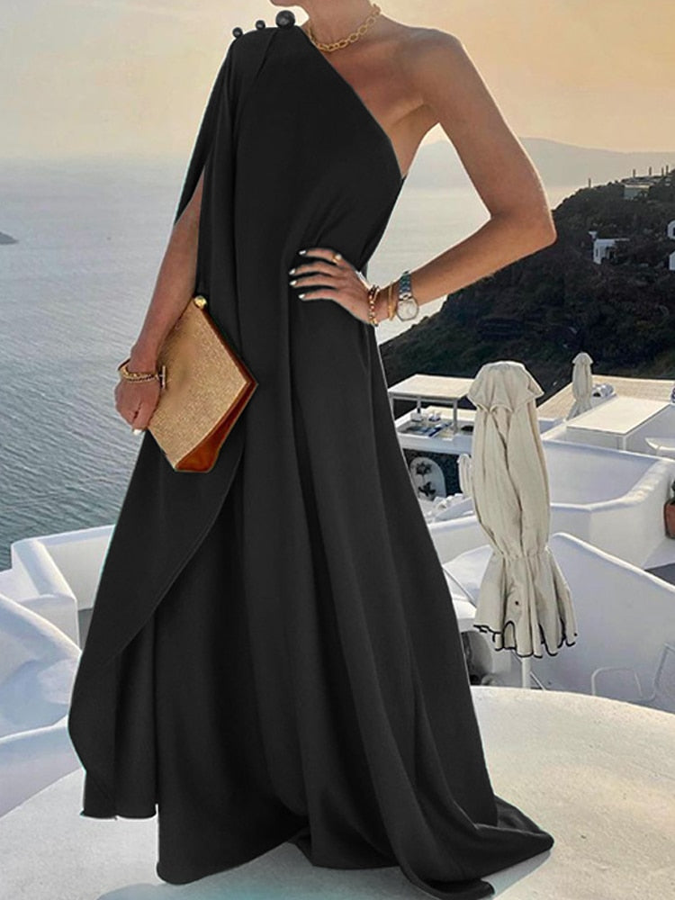 Elegant Solid One Shoulder Big Hem Dress Summer Fashion Skew Collar Backless Beach Dresses Women Irregular Loose Slit Maxi Dress