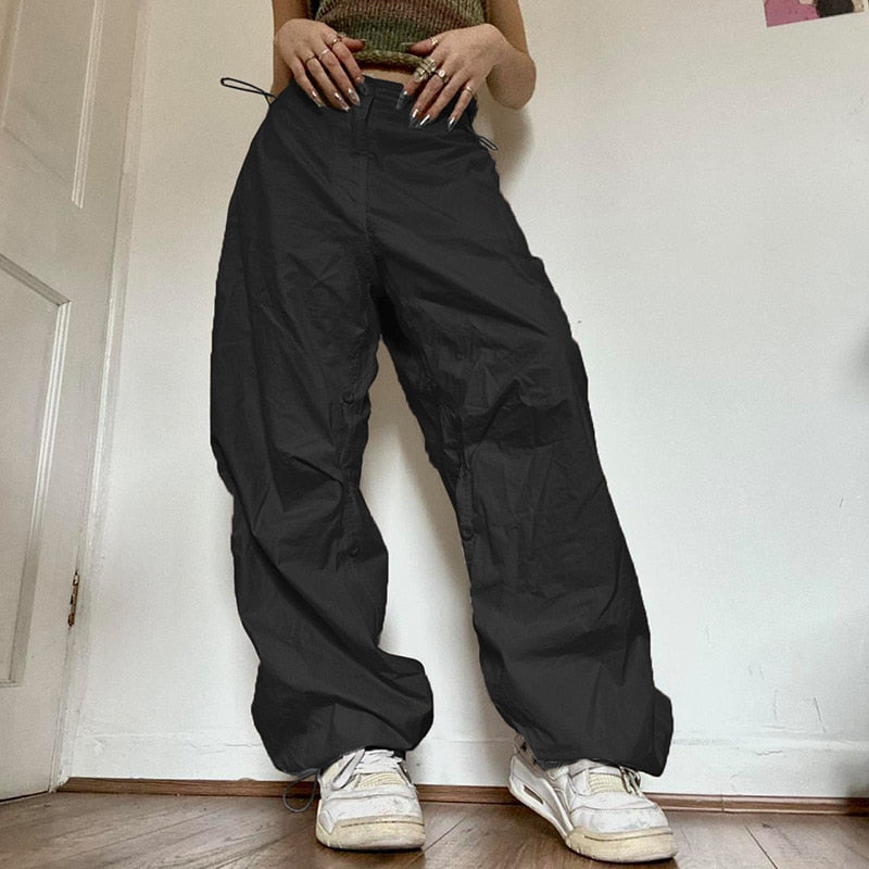 Women Wide Leg Cargo Pants Y2K Vintage Low Waist Drawstring Joggers Tech Pants Casual Solid Hippie Streetwear Baggy Trousers