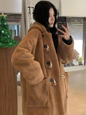 Faux Woolen Long Coat Women Long Sleeve Big Pocket Cow Horn Button Hoodies Outwear Autumn Winter Warm Loose Lady Jackets