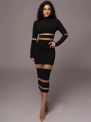 Patchwork Bodycon Sexy Midi Dress For Women Autumn Winter New Turtleneck Long Sleeve Club Party Sexy Dress Elegant