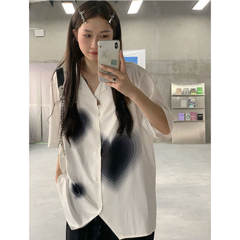 Chiffon Blouses or Tops for Woman Elegant and Youth Woman Cool Blusas Aesthetic Heart Short Sleeve Shirt Summer Top