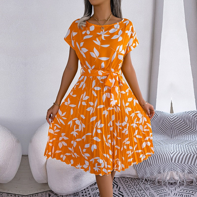 Fashion Floral Pleated A Line Long Dress Women Spring Summer Short Sleeve High Waist Chic Dress