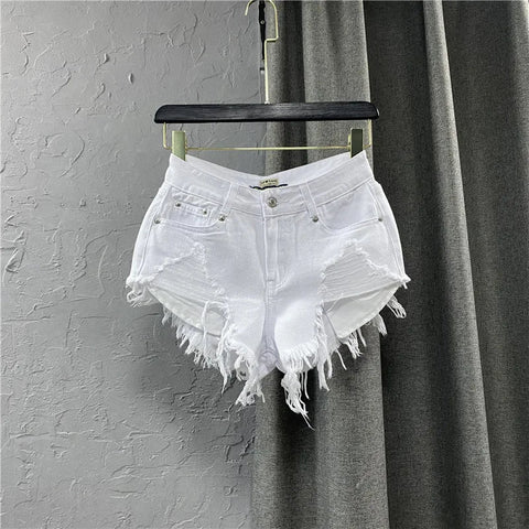 Fashion Korean White Jeans Hole Ripped Low Waist Denim Shorts Women