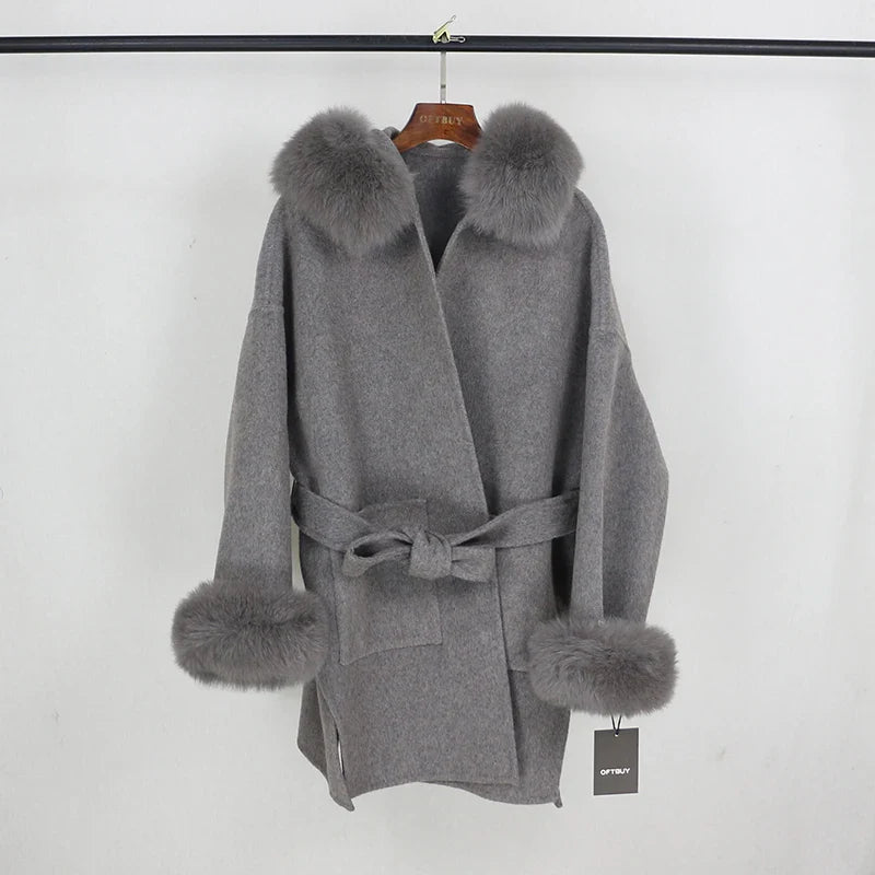 New Oversize Loose Cashmere Wool Blends Real Fur Coat Winter Jacket Women Natural Fox Fur Collar Hood Outerwear Belt