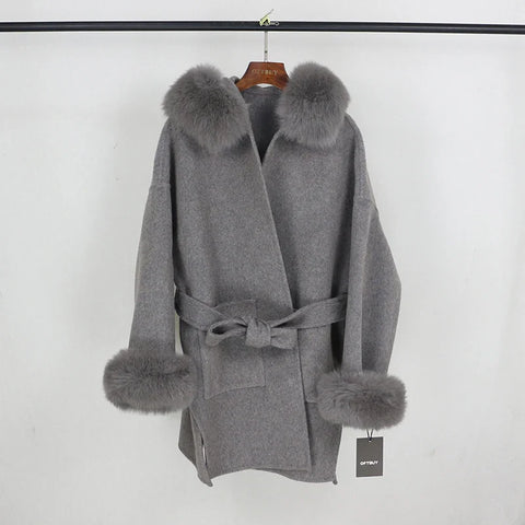 New Oversize Loose Cashmere Wool Blends Real Fur Coat Winter Jacket Women Natural Fox Fur Collar Hood Outerwear Belt