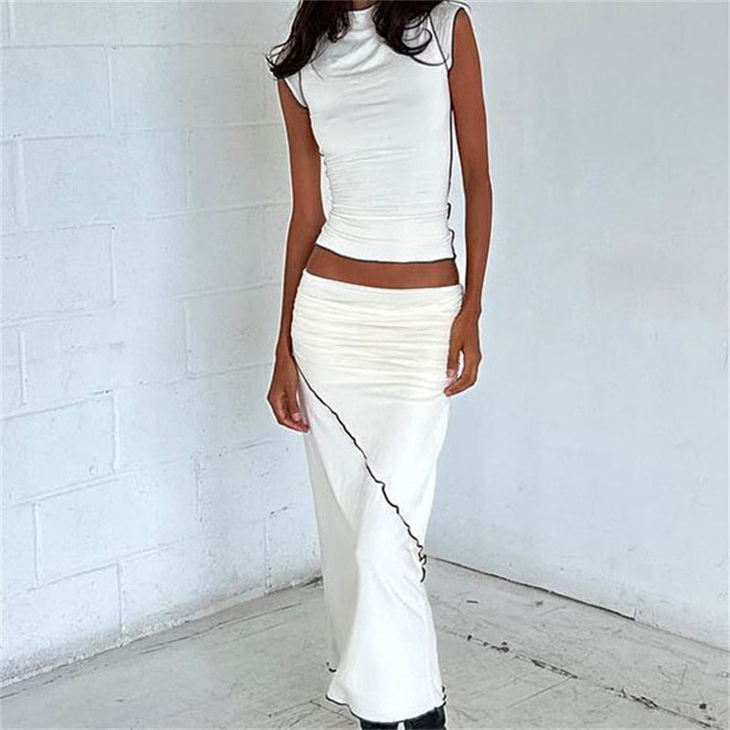 Ruffled Sleeveless Cami Tops And Maxi Skirts Set For Women Two Piece Skirt Set Skinny Slim Bodycon White Dress Sets Summer