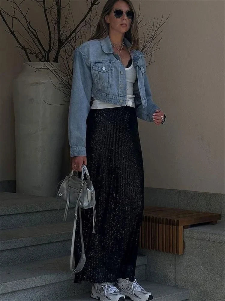 High Waist Sequin For Women Long Skirt Slim Split Fashion Elegant High Street Glitter Maxi Skirt Casual Female Long Skirt