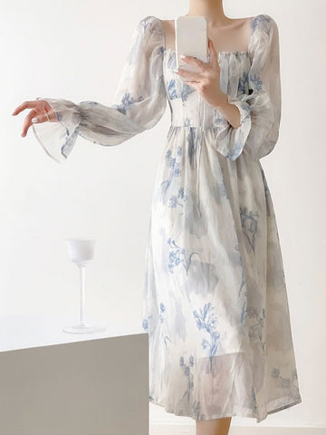 Summer French Elegant Floral Midi Dress Party Chiffon Vintage Fashion Dress Beach Long Sleeve Casual Dress Office Lady Chic