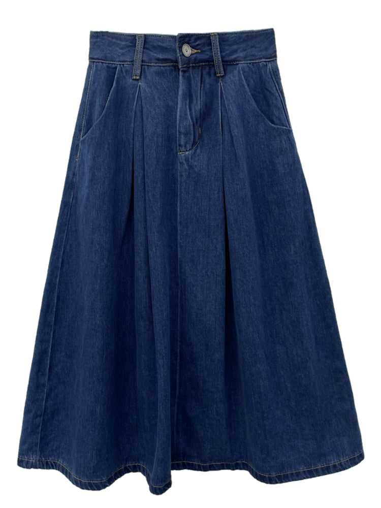 Spring Summer Denim Skirts Women Casual High Waist A-line Skirts Lady Loose Vintage Dark Blue Skirts