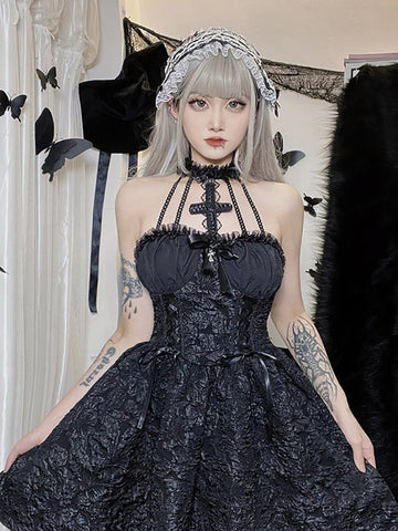 Goth Dark Gothic Emo Jacquard A-line Dresses Elegant Grunge Ruched Bandage Partywear Punk Black Women Halloween Club Dress