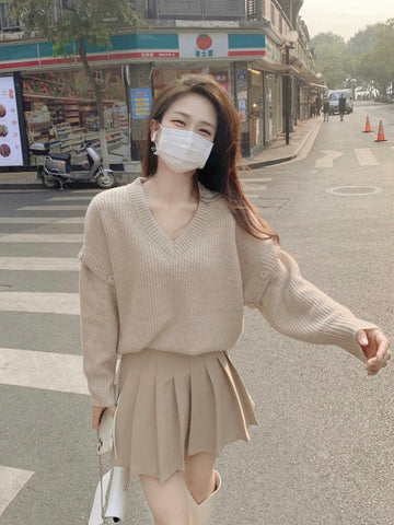 Harajuku Vintage Sweet V-neck Wool Sweater and Pleated Mini Skirt Folds Two Piece Sets Womens Festival Outifits Winter