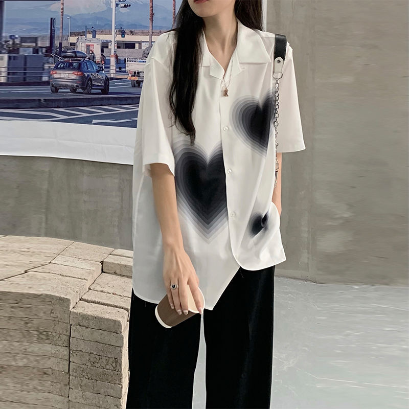 Chiffon Blouses or Tops for Woman Elegant and Youth Woman Cool Blusas Aesthetic Heart Short Sleeve Shirt Summer Top