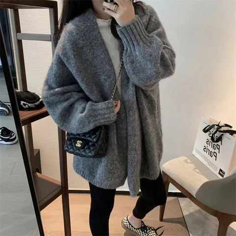 Autumn Winter Thicken Warm Women Cardigan Sweater Korean Lazy Wind Soft All Match Cardigans Tops Solid Loose Knitted Coats