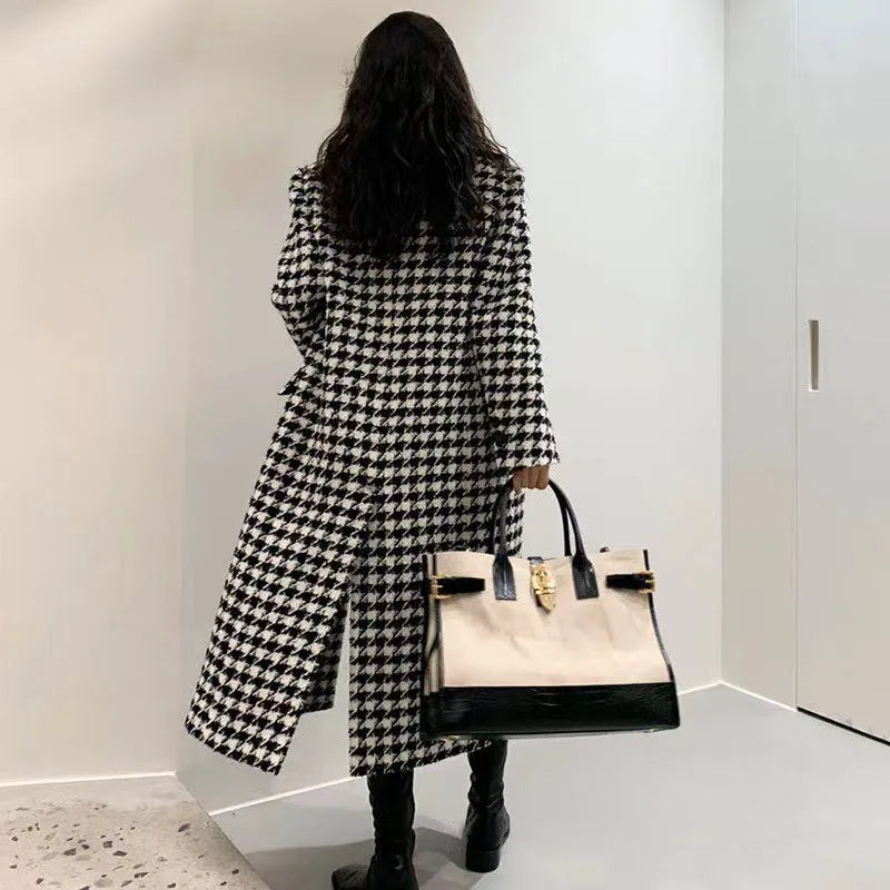 Fashion Houndstooth Faux Wool Jacket Women Autumn Korean Elegant Single Breasted Long Overcoat Winter Thick Warm Blend Outwear