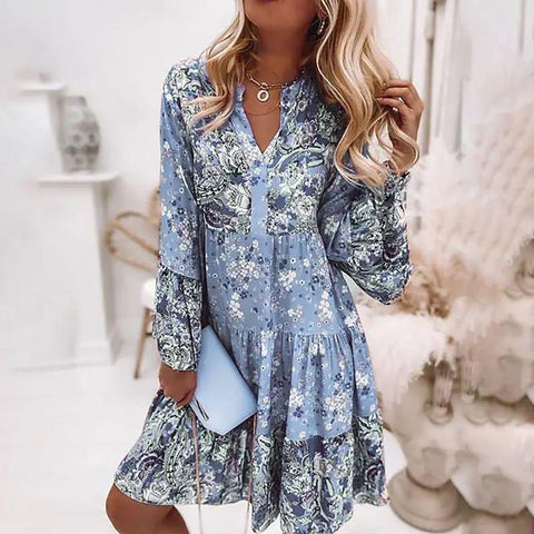 Women Floral Print Dress Oversize Elegant Pleated Long Sleeve Casual Dresses Female V Neck Loose Bohemian Beach Holiday Dresses