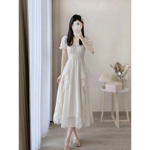 Women's Summer Dress Chiffon Fairy Solid Chic Party Midi Dress 2023 New Korean White Elegant High Waist Slim Long Skirt Y2k