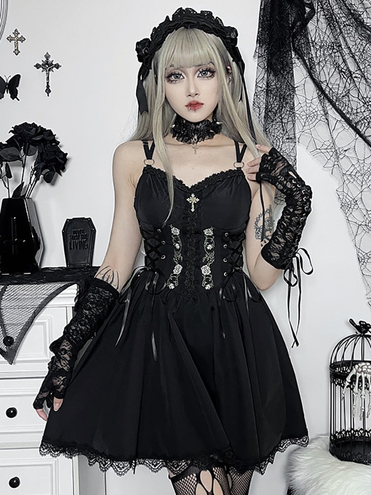 Goth Dark Lolita Gothic Aesthetic Bandage Corset Dresses Grunge Style Black Embroidery Emo Dress Women A-line Party Alt Clothes