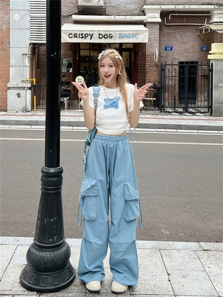 Korean Style Blue Cargo Pants Women Y2K Streetwear Retro Wide Leg Parachute Trousers Oversize Harajuku Pockets Pantalones