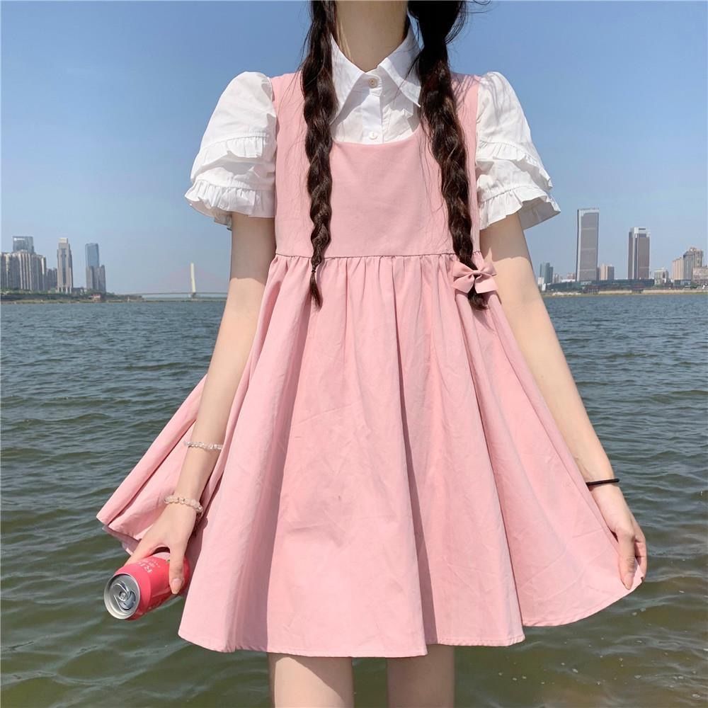 One Piece/Set Summer Retro Petal Sleeve Shirt+Sweet High Waist Strap Dress Two Piece Set Women's Fashion