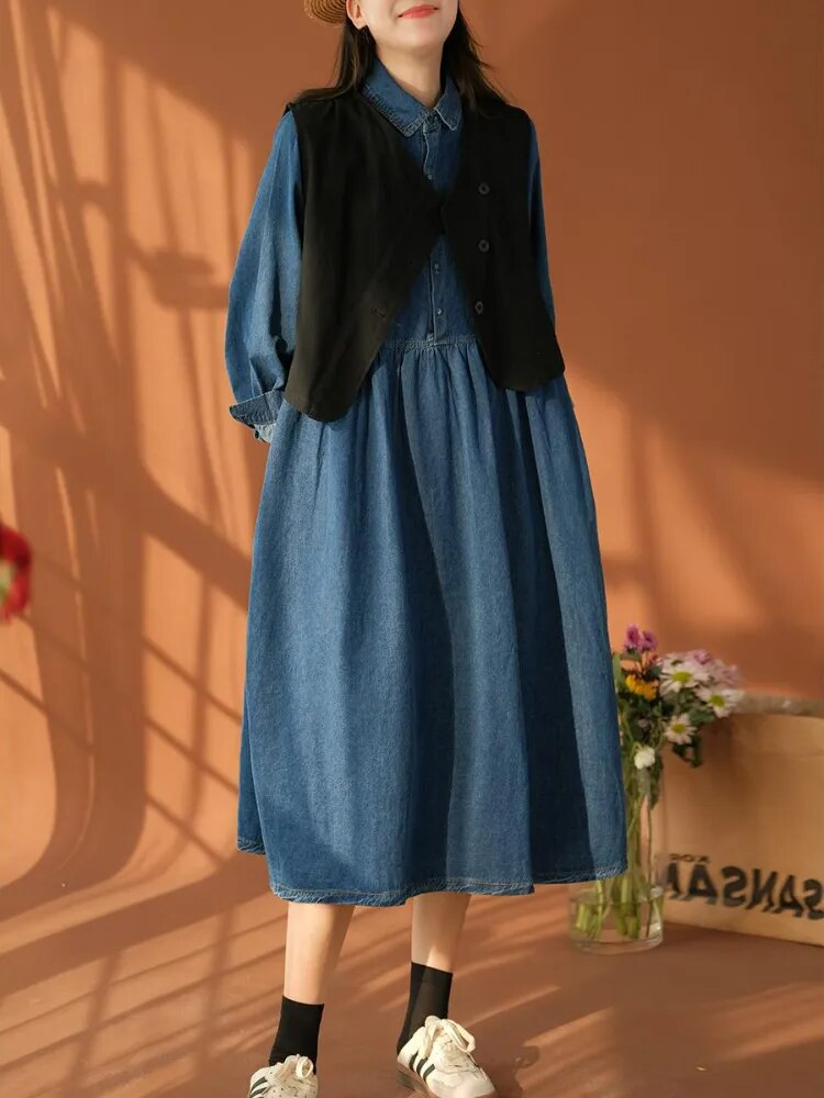 Autumn New Loose Retro Casual Commuter Outwear Mid Length Cotton Denim Large Pocket Solid Elegant Long Sleeve Dress