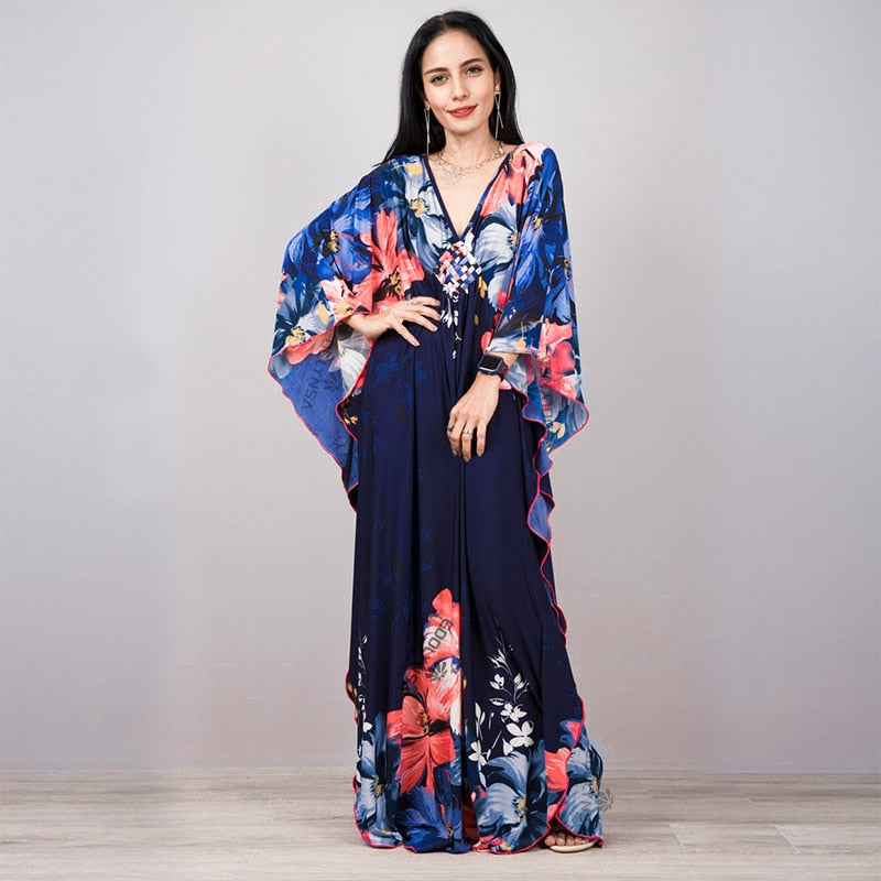 Print Maxi Dress Batwing Sleeve Tunic Spring Autumn Beach Dress Casual Plus Size Women Beachwear Kaftan Cover-ups Pbong mid size graduation outfit romantic style teen swag clean girl ideas 90s latina aesthetic