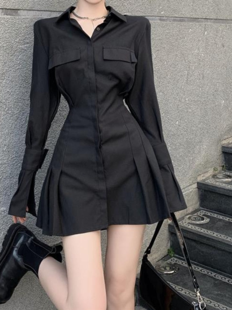 Black Shirt Dress Women Elegant Vintage Long Sleeve Dresses Sexy Gothic Pleated Streetwear Turn-down Collar Casual Robe