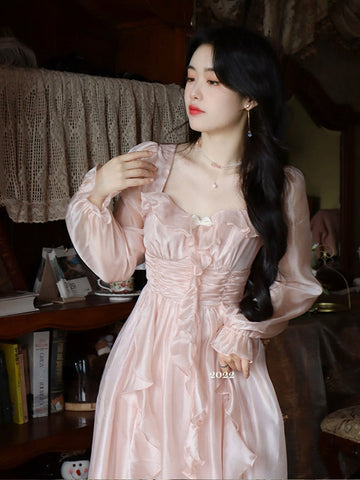 Autumn Vintage Party Midi Dress Women Pink Fairy Korean Style Sweet Dress Female Bubble Sleeve Elegant Evening Party Dress