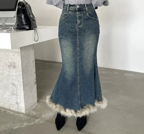 Winter Fur Trim Fishtail Long Jeans Skirt Women Feather Stitch Blue High Waist Denim Maxi Skirt 90s Retro Y2k Bottoms