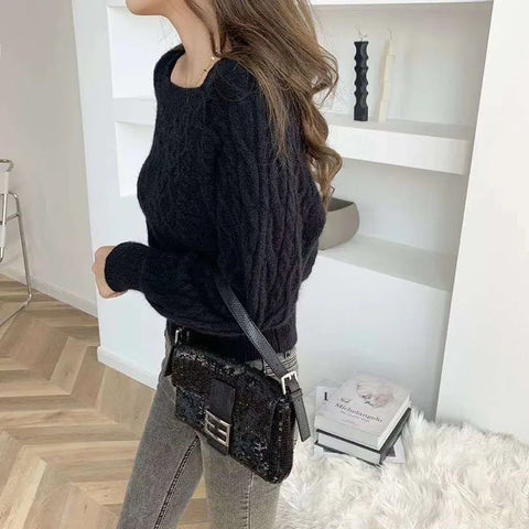 Casual Knitted Sweater Women Pullover  Autumn Winter Soft Thick Warm Wool Jumper Female All-Match Square Collar Sweaters