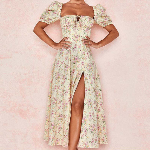 Women Floral Print Long Dress Summer Chic Short Sleeve Square Collar Split A Line Party Sundress Ladies Holiday Beach Vestidos