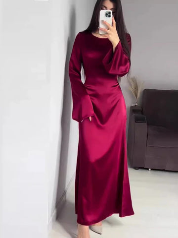 Elegant Satin High Waist Women Maxi Dress Bell Sleeve Lace Up Slim Banquet Mermaid Bodycon Dresses Throbbing in Autumn