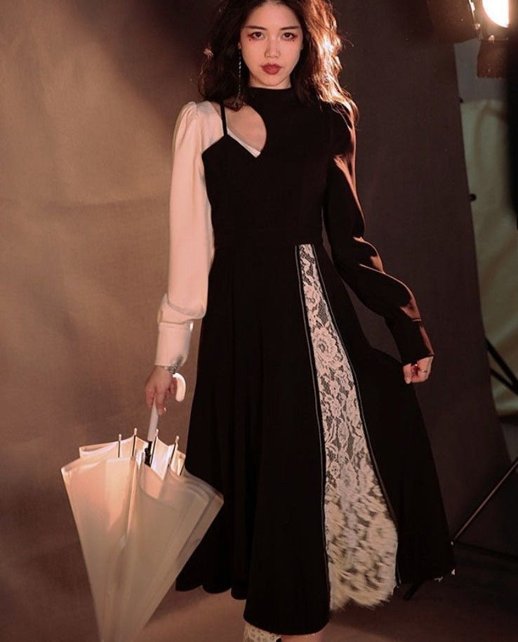 Autumn French Vintage Midi Dress Women Black Lace Patchwork Korean Party Dress Sexy Hollow Out Female Casual Elegant Dress