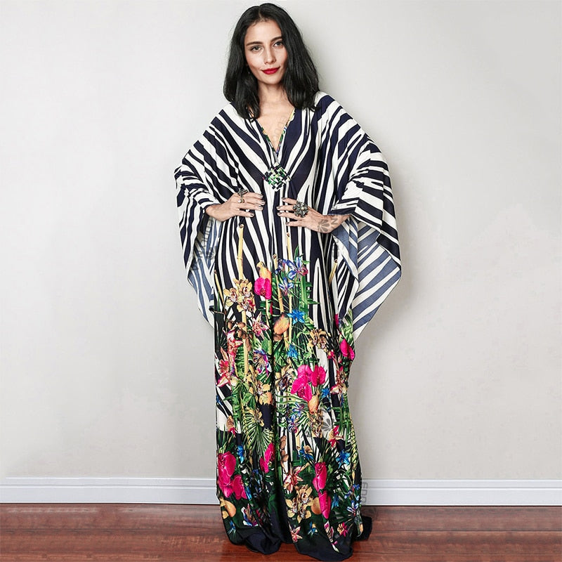 Print Maxi Dress Batwing Sleeve Tunic Spring Autumn Beach Dress Casual Plus Size Women Beachwear Kaftan Cover-ups Pbong mid size graduation outfit romantic style teen swag clean girl ideas 90s latina aesthetic