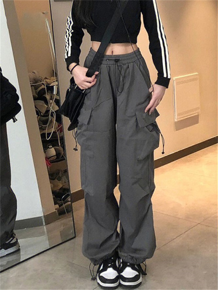 Y2K Streetwear Gray Cargo Pants Women Oversized Hip Hop Egirl Pockets Wide Leg Trousers Korean Style Drawstring Sweatpants