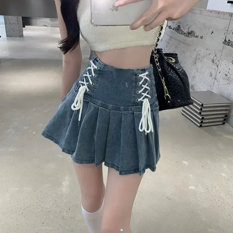 Korean Chic Blue Denim Skirt for Women Summer New High Waist A-line Skirts Y2k E-Girl Drawstring Bow Faldas Mujer