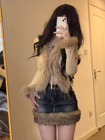 Washed Fur Paneled Denim Skirt for Women Retro Sexy Hot Girl High Waist A-line Skirt Y2k Skirt Fashion Casual Package Hip Skirt