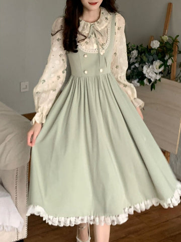 Green Elegant Vintage Strap Dress Women Spring Lace Evening Party Midi Dresses Ladies Retro Korean Sweet Kawaii Fairy Dress