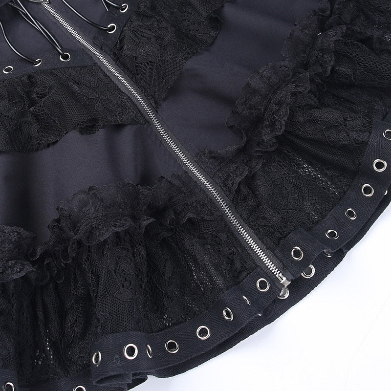 Goth Dark Lace Patchwork Mall Gothic Pleated Skirts Grunge Aesthetic Punk Bandage Zip Up Mini Skirt Women Streetwear Alt Clothes