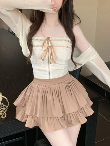 Summer Sweet Party 3 Piece Set Women Y2k Elegant Strap Mini Skirt Suit Female Korean Style Solid Hight Waist Skirt Suit New