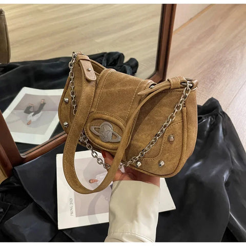 Y2k Chains Womens Shoulder Bag Vintage Gothic Aesthetic Designer Leather Crossbody Bag Casual Luxury Fashion Female Handbag