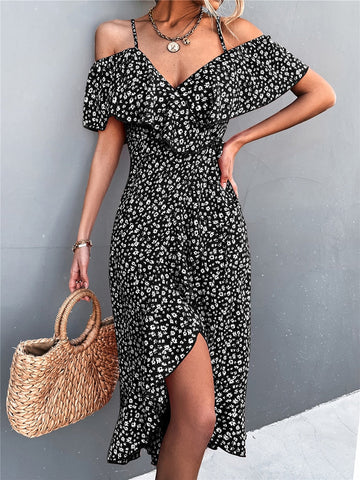 Ladies Spring Summer Sexy Straps Dress Women Green Off Shoulder Ruffles Casual Beach Dresses Female Floral Print Dress