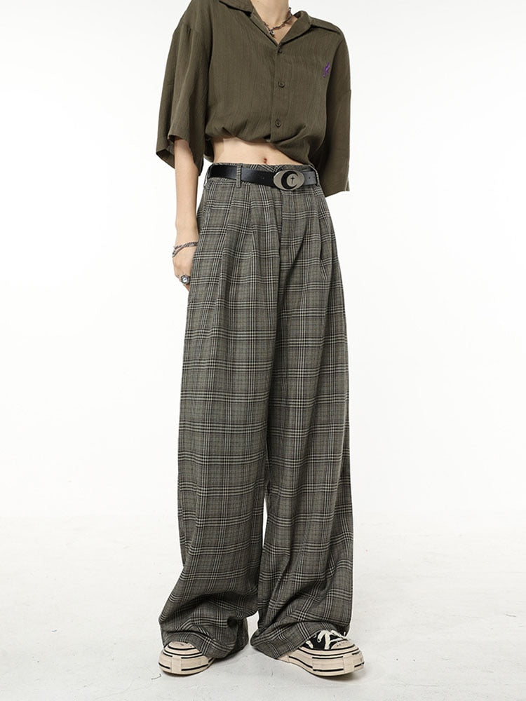 Classic Retro Plaid Design Harajuku Straight Women Long Trousers Loose Wide Leg Pants Baggy Korean Fashion Y2k Streetwear