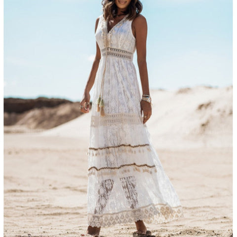 Boho Dress Women Summer Maxi Dress Lady Off Shoulder Holiday Lace V Neck Spaghetti Strap Sundress White Dress