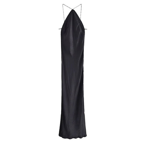 Women Fashion With Bead Halterneck Satin Midi Dress Sexy Backless Zipper Thin Straps Female Dresses Vestidos Mujer