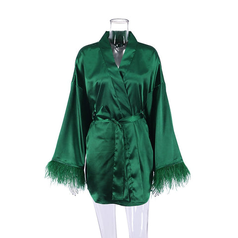 Feather Bathrobes Satin Sexy Mini Dress Long Sleeve Loose For Women Robe White Wedding Dress Black Bride Dresses