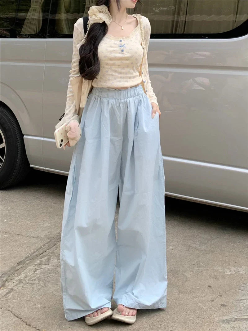 Summer New Niche Personality Campus Fresh Sky Blue Breathable Thin Wide Leg Pants Women Show Long Legs