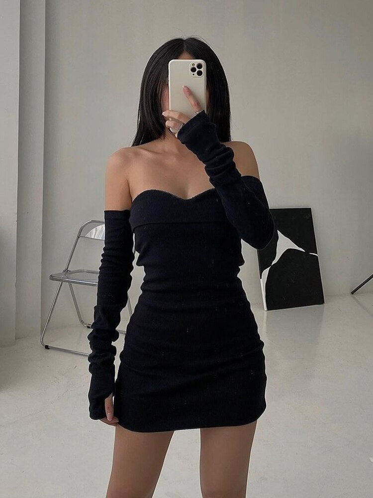 Fashion Off Shoulder Sexy Autumn Dress Female Long Sleeve Bodycon Solid Basic Casual Black Dresses Slash Neck Clothes