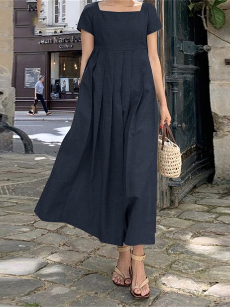 Dress for Women Cotton Blended Long Skirt Large Swing Sun Skirt Short Sleeve Square Neck Elegant Casual Long Pure Color Dress