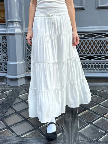 Sweet Women White Long Skirts Summer Ladies Cotton Drawstring High Waist A-line Skirt Female  Loose Midi Skirt